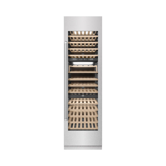ZLINE 24 in. 12.4 cu. ft. Triple Zone 100 Bottle Column Wine Cooler in Satin Stainless Steel (RCWV-SN-24) front, closed.