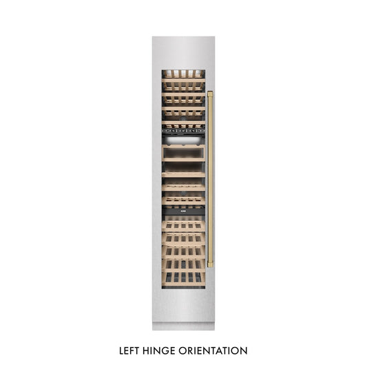 ZLINE Autograph Edition 18 in. 9.0 cu. ft. Triple Zone 68 Bottle Left Hinge Column Wine Cooler in Satin Stainless Steel with Champagne Bronze Accents (RCWVLZ-SN-18-CB) front, closed.