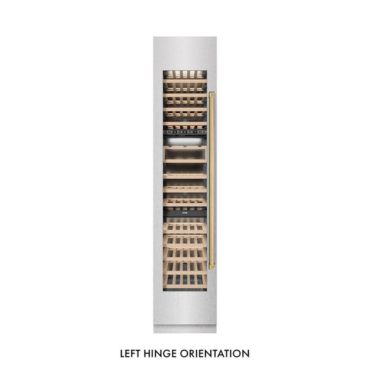 ZLINE Autograph Edition 18 in. 9.0 cu. ft. Triple Zone 68 Bottle Left Hinge Column Wine Cooler in Satin Stainless Steel with Polished Gold Accents (RCWVLZ-SN-18-G) front, closed.