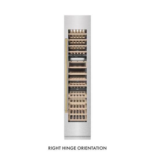 ZLINE Autograph Edition 18 in. 9.0 cu. ft. Triple Zone 68 Bottle Right Hinge Column Wine Cooler in Satin Stainless Steel with Polished Gold Accents (RCWVRZ-SN-18-G) front, closed.