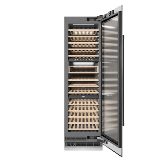 ZLINE Autograph Edition 24 in. 12.4 cu. ft. Triple Zone 100 Bottle Column Wine Cooler in Satin Stainless Steel and Matte Black Accents (RCWVZ-SN-24-MB) front, open.