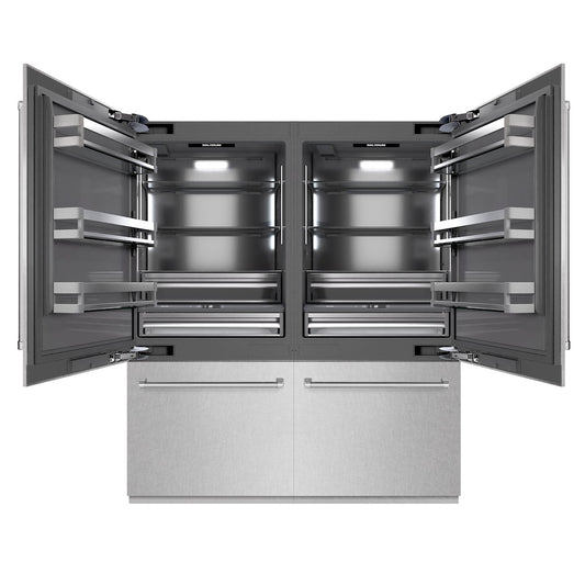 ZLINE 72 in. 39.6 cu. ft. French Door Built-In Bottom Freezer Refrigerator with Water Dispensers and Ice Makers in Satin Stainless Steel with Graphite Gray Interior (GRBIT-SN-72) front, open.