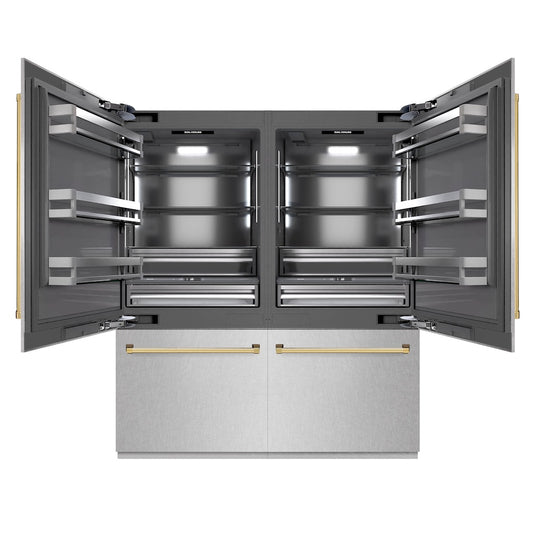 ZLINE Autograph Edition 72 in. 39.6 cu. ft. French Door Built-In Bottom Freezer Refrigerator with Water Dispensers and Ice Makers in Satin Stainless Steel with graphite Gray Interior and Polished Gold Accents (GRBITZ-SN-72-G) front, open.