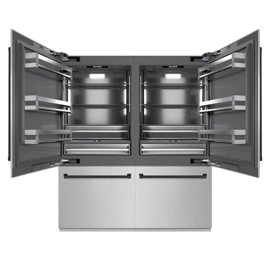 ZLINE Autograph Edition 72 in. 39.6 cu. ft. French Door Built-In Bottom Freezer Refrigerator with Water Dispensers and Ice Makers in Satin Stainless Steel with Graphite Gray Interior and Matte Black Accents (GRBITZ-SN-72-MB) main image.