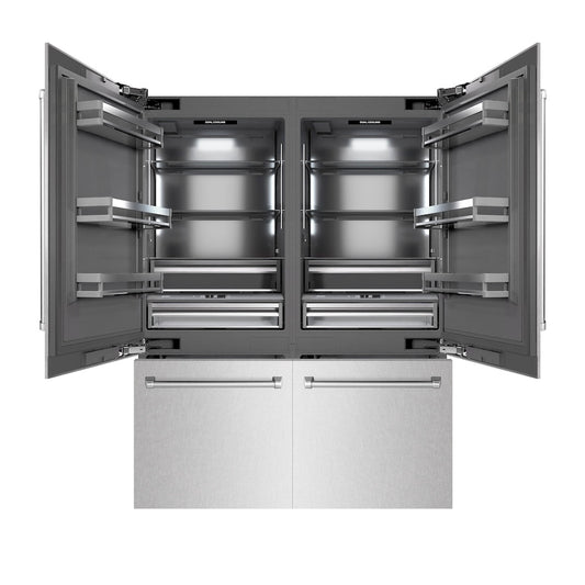 ZLINE 60 in. 32.2 cu. ft. French Door Built-In Bottom Freezer Refrigerator with Water Dispensers and Ice Makers in Satin Stainless Steel with Graphite Gray Interior (GRBIV-SN-60) front, open.