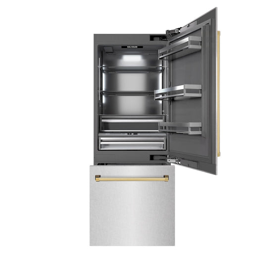 ZLINE Autograph Edition 30 in. 16.1 cu. ft. Built-In Bottom Freezer Refrigerator with Water Dispenser and Ice Maker in Satin Stainless Steel with Graphite Gray Interior and Polished Gold Accents (GRBIVZ-SN-30-G) front, open.
