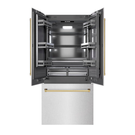 ZLINE Autograph Edition 36 in. 19.6 cu. ft. French Door Built-In Bottom Freezer Refrigerator with Water Dispenser and Ice Maker in Satin Stainless Steel with Graphite Gray Interior and Polished Gold Accents (GRBIVZ-SN-36-G) front, open.