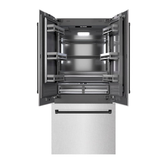 ZLINE Autograph Edition 36 in. 19.6 cu. ft. French Door Built-In Bottom Freezer Refrigerator with Water Dispenser and Ice Maker in Satin Stainless Steel with Graphite Gray Interior and Matte Black Accents (GRBIVZ-SN-36-MB) front, open.