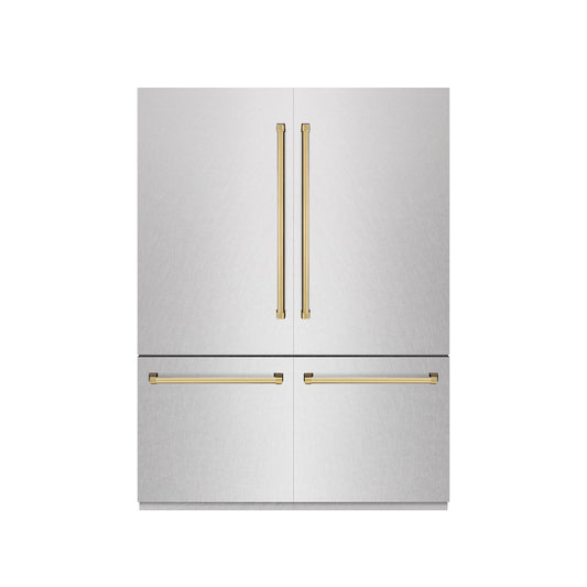 ZLINE Autograph Edition 60 in. 32.2 cu. ft. French Door Built-In Bottom Freezer Refrigerator with Water Dispenser and Ice Maker in Satin Stainless Steel with Graphite Gray Interior and Polished Gold Accents (GRBIVZ-SN-60-G) front, closed.