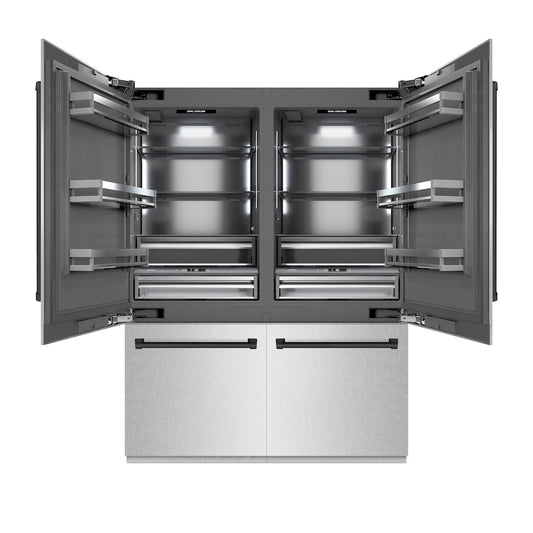 ZLINE Autograph Edition 60 in. 32.2 cu. ft. French Door Built-In Bottom Freezer Refrigerator with Water Dispenser and Ice Maker in Satin Stainless Steel with Graphite Gray Interior and Matte Black Accents (GRBIVZ-SN-60-MB) front, open.