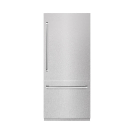 ZLINE 36 in. 19.8 cu. ft. Built-In Bottom Freezer Refrigerator with Water Dispenser and Ice Maker in Satin Stainless Steel (RBIT-SN-36) front, closed.
