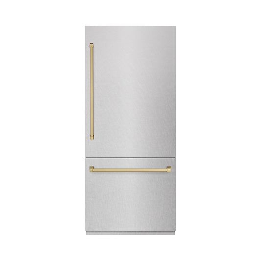 ZLINE Autograph Edition 36 in. 19.8 cu. ft. Built-In Bottom Freezer Refrigerator with Water Dispenser and Ice Maker in Satin Stainless Steel and Champagne Bronze Accents (RBITZ-SN-36-CB) front, closed.