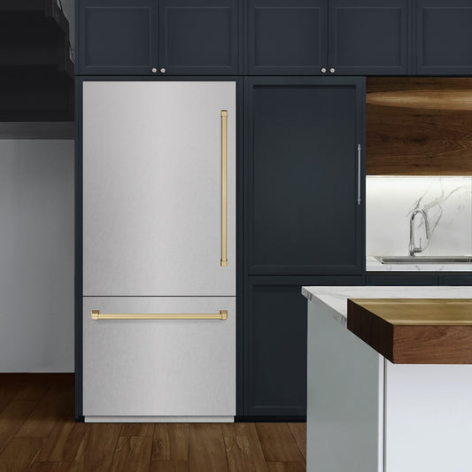 ZLINE Autograph Edition 36 in. 19.8 cu. ft. Built-In Bottom Freezer Refrigerator with Water Dispenser and Ice Maker in Satin Stainless Steel and Champagne Bronze Accents (RBITZ-SN-36-CB) in a luxury kitchen.