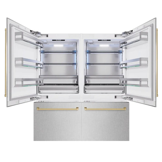 ZLINE Autograph Edition 72 in. 39.6 cu. ft. French Door Built-In Bottom Freezer Refrigerator with Water Dispensers and Ice Makers in Satin Stainless Steel and Champagne Bronze Accents (RBITZ-SN-72-CB) front, open.