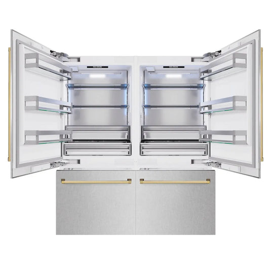 ZLINE Autograph Edition 72 in. 39.6 cu. ft. French Door Built-In Bottom Freezer Refrigerator with Water Dispensers and Ice Makers in Satin Stainless Steel and Polished Gold Accents (RBITZ-SN-72-G) front, open.