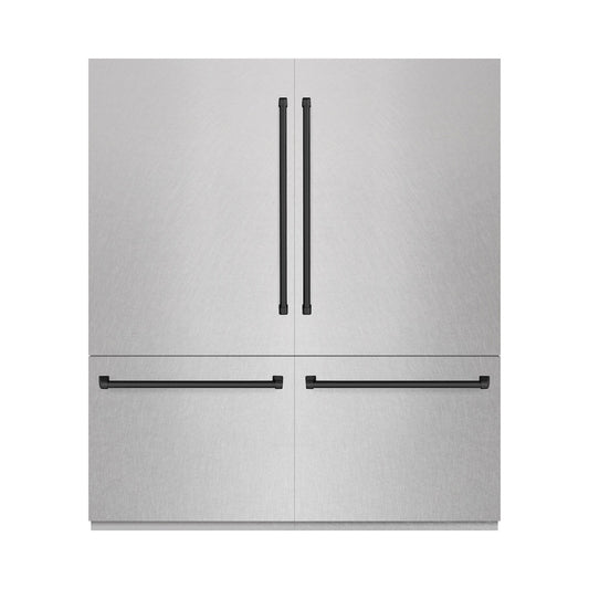 ZLINE Autograph Edition 72 in. 39.6 cu. ft. French Door Built-In Bottom Freezer Refrigerator with Water Dispensers and Ice Makers in Satin Stainless Steel and Matte Black Accents (RBITZ-SN-72-MB) front, closed.