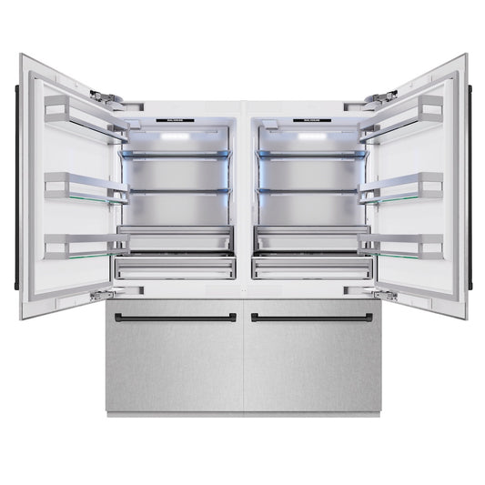 ZLINE Autograph Edition 72 in. 39.6 cu. ft. French Door Built-In Bottom Freezer Refrigerator with Water Dispensers and Ice Makers in Satin Stainless Steel and Matte Black Accents (RBITZ-SN-72-MB) front, open.