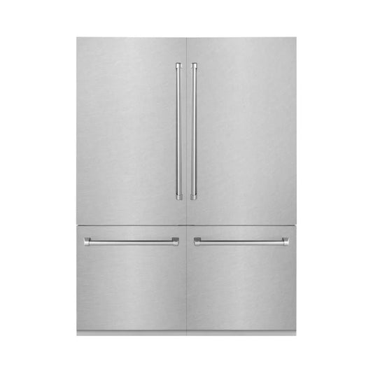 ZLINE 60 in. 32.2 cu. ft. French Door Built-In Bottom Freezer Refrigerator with Water Dispensers and Ice Makers in Satin Stainless Steel (RBIV-SN-60) main image.