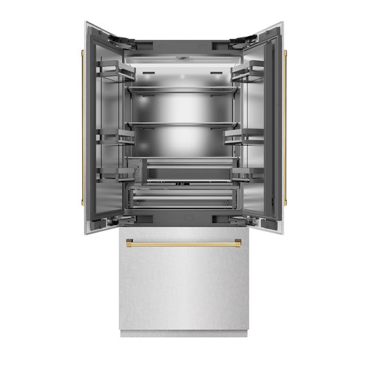 ZLINE Autograph Edition 36 in. 19.6 cu. ft. French Door Built-In Bottom Freezer Refrigerator with Water Dispenser and Ice Maker in Satin Stainless Steel with Stainless Steel Interior and Polished Gold Accents (SRBIVZ-SN-36-G) front, refrigeration compartment and bottom freezer open.