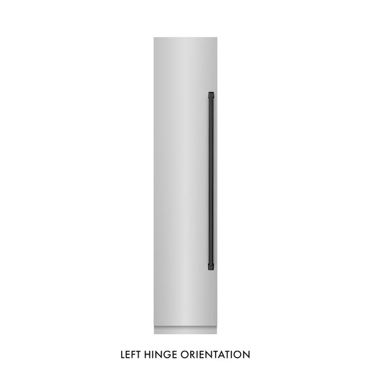 ZLINE Autograph Edition 18 in. 8.6 cu. ft. Left Hinge Column Freezer in Stainless Steel with Graphite Gray Interior and Matte Black Accents (RCFVLZ-30418-MB) front, closed.