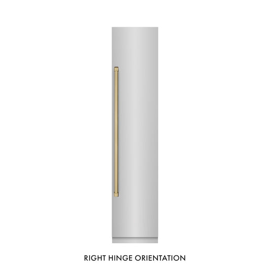 ZLINE Autograph Edition 18 in. 8.6 cu. ft. Right Hinge Column Freezer in Stainless Steel with Graphite Gray Interior and Champagne Bronze Accents (RCFVRZ-30418-CB) front, closed.