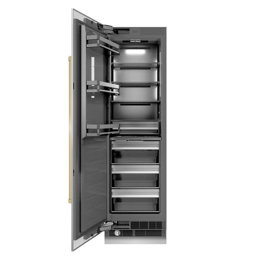 ZLINE Autograph Edition 24 in. 12.4 cu. ft. Column Freezer in Stainless Steel with Graphite Gray Interior and Champagne Bronze Accents (RCFVZ-304-24-CB) front, open.
