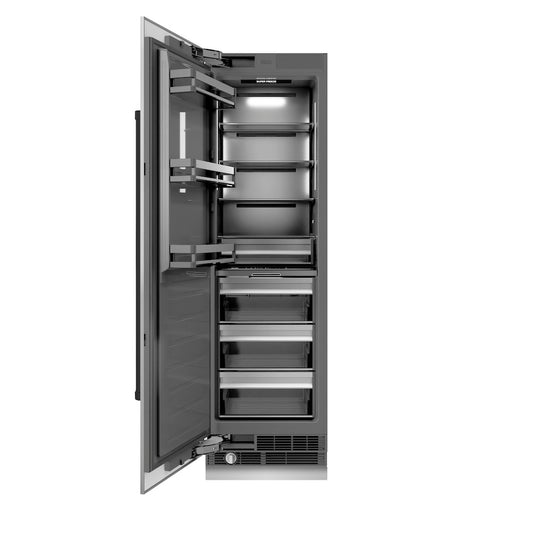ZLINE Autograph Edition 24 in. 12.4 cu. ft. Column Freezer in Stainless Steel with Graphite Gray Interior and Matte Black Accents (RCFVZ-304-24-MB) front, open.