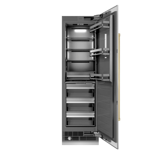 ZLINE Autograph Edition 24 in. 12.5 cu. ft. Column Refrigerator in Stainless Steel with Graphite Gray Interior and Champagne Bronze Accents (RCRVZ-30424-CB) front, open.