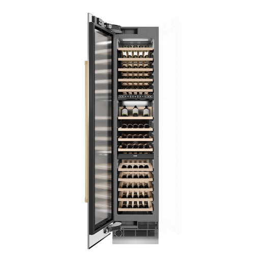 ZLINE Autograph Edition 18 in. 9.0 cu. ft. Triple Zone 68 Bottle Left Hinge Column Wine Cooler in Stainless Steel with Polished Gold Accents (RCWVLZ-30418-G) front, open.