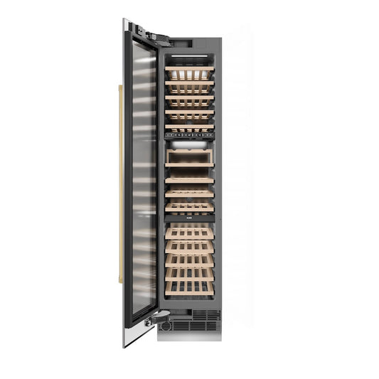 ZLINE Autograph Edition 18 in. 9.0 cu. ft. Triple Zone 68 Bottle Left Hinge Column Wine Cooler in Stainless Steel with Polished Gold Accents (RCWVLZ-30418-G) front, open.