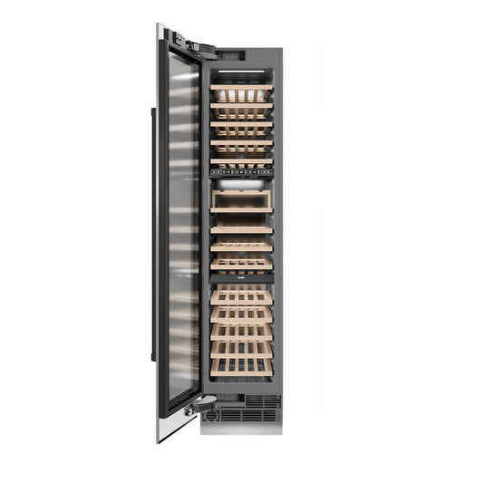 ZLINE Autograph Edition 18 in. 9.0 cu. ft. Triple Zone 68 Bottle Left Hinge Column Wine Cooler in Stainless Steel with Matte Black Accents (RCWVLZ-30418-MB) front, open.