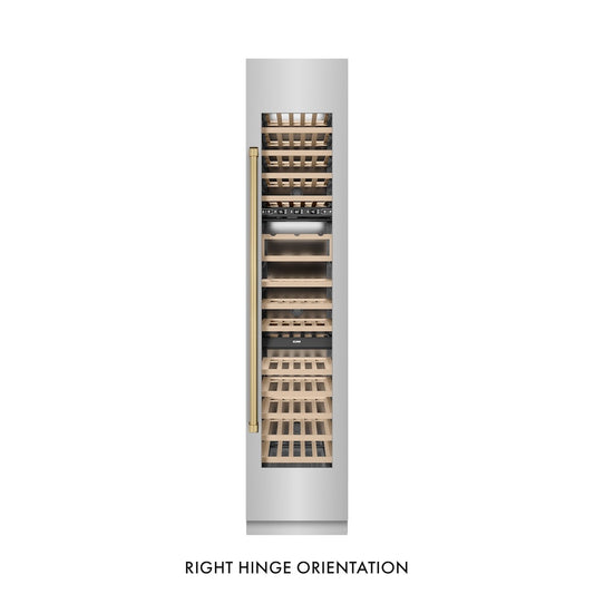 ZLINE Autograph Edition 18 in. 9.0 cu. ft. Triple Zone 68 Bottle Right Hinge Column Wine Cooler in Stainless Steel with Champagne Bronze Accents (RCWVRZ-30418-CB) front, closed.
