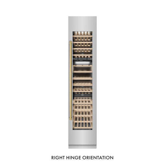 ZLINE Autograph Edition 18 in. 9.0 cu. ft. Triple Zone 68 Bottle Right Hinge Column Wine Cooler in Stainless Steel with Polished Gold Accents (RCWVRZ-30418-G) front, closed.