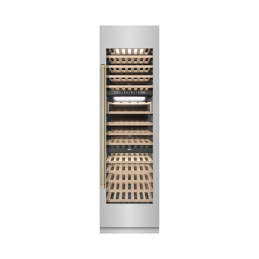 ZLINE Autograph Edition 24 in. 12.4 cu. ft. Triple Zone 100 Bottle Column Wine Cooler in Stainless Steel and Champagne Bronze Accents (RCWVZ-304-24-CB) front, closed.