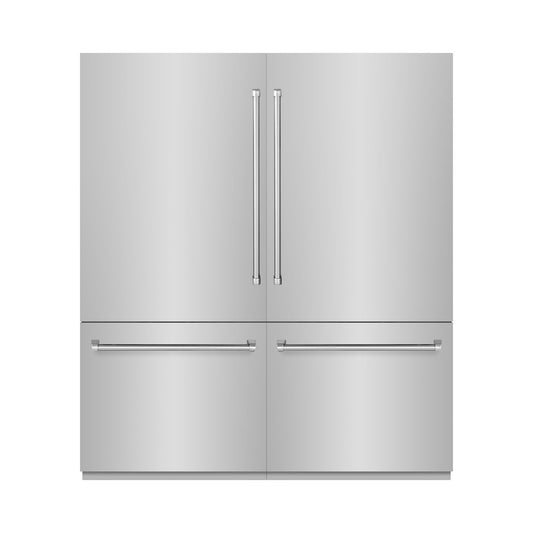 ZLINE 72 in. 39.6 cu. ft. French Door Built-In Bottom Freezer Refrigerator with Water Dispensers and Ice Makers in Stainless Steel with Graphite Gray Interior (GRBIT-304-72) front, closed.