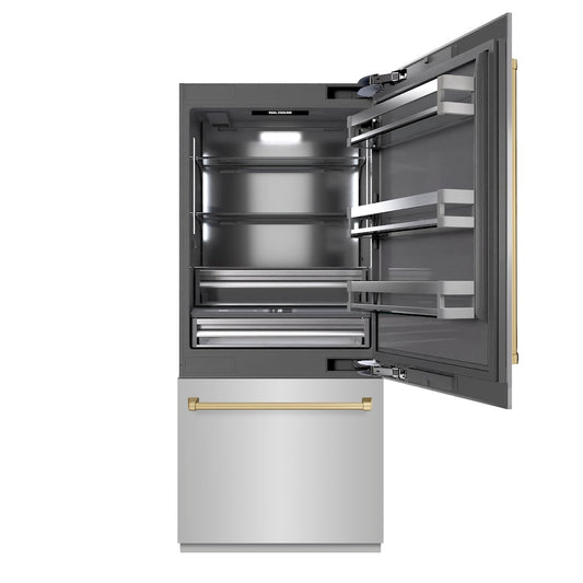ZLINE Autograph Edition 36 in. 19.8 cu. ft. Built-In Bottom Freezer Refrigerator with Water Dispenser and Ice Maker in Stainless Steel with Graphite Gray Interior and Champagne Bronze Accents (GRBITZ-304-36CB) front, refrigeration compartment open.
