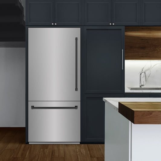 ZLINE Autograph Edition 36 in. 19.8 cu. ft. Built-In Bottom Freezer Refrigerator with Water Dispenser and Ice Maker in Stainless Steel with Graphite Gray Interior and Matte Black Accents (GRBITZ-304-36MB) lifestyle, in a luxury kitchen.