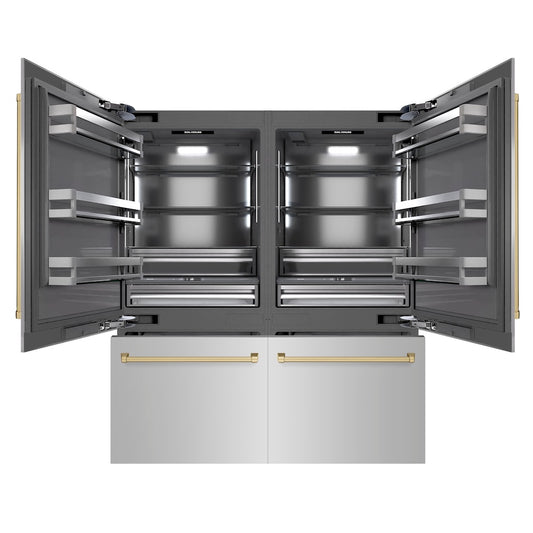 ZLINE Autograph Edition 72 in. 39.6 cu. ft. French Door Built-In Bottom Freezer Refrigerator with Water Dispensers and Ice Makers in Stainless Steel with Graphite Gray Interior and Champagne Bronze Accents (GRBITZ-304-72CB) front, open.