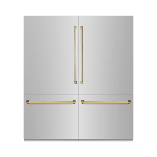 ZLINE Autograph Edition 72 in. 39.6 cu. ft. French Door Built-In Bottom Freezer Refrigerator with Water Dispensers and Ice Makers in Stainless Steel with Graphite Gray Interior and Polished Gold Accents (GRBITZ-304-72G) front, closed.