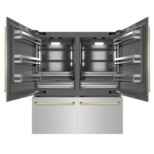ZLINE Autograph Edition 72 in. 39.6 cu. ft. French Door Built-In Bottom Freezer Refrigerator with Water Dispensers and Ice Makers in Stainless Steel with Graphite Gray Interior and Polished Gold Accents (GRBITZ-304-72G) front, open.