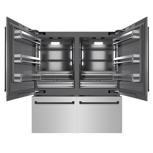 ZLINE Autograph Edition 72 in. 39.6 cu. ft. French Door Built-In Bottom Freezer Refrigerator with Water Dispensers and Ice Makers in Stainless Steel with Graphite Gray Interior and Matte Black Accents (GRBITZ-304-72MB) front, open.