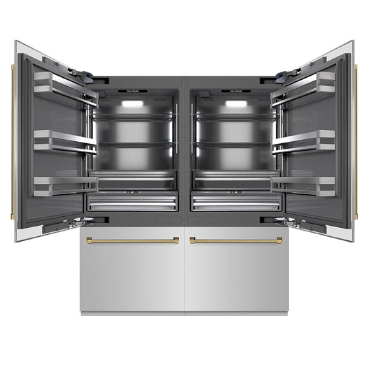 ZLINE Autograph Edition 72 in. 39.6 cu. ft. French Door Built-In Bottom Freezer Refrigerator with Water Dispensers and Ice Makers in Stainless Steel with Graphite Gray Interior and Polished Gold Helix Handles (GRBITZ-30472KG)