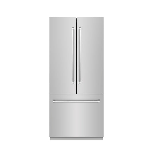 ZLINE 36 in. 19.6 cu. ft. French Door Built-In Bottom Freezer Refrigerator with Water Dispenser and Ice Maker in Stainless Steel with Graphite Gray Interior (GRBIV-304-36) front, closed.