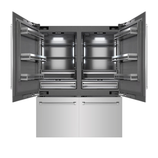 ZLINE 60 in. 32.2 cu. ft. French Door Built-In Bottom Freezer Refrigerator with Water Dispensers and Ice Makers in Stainless Steel with Graphite Gray Interior (GRBIV-304-60) front, open.