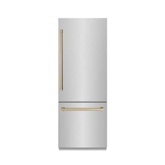 ZLINE Autograph Edition 30 in. 16.1 cu. ft. Built-In Bottom Freezer Refrigerator with Water Dispenser and Ice Maker in Stainless Steel with Graphite Gray Interior and Champagne Bronze Accents (GRBIVZ-304-30CB) front, closed.