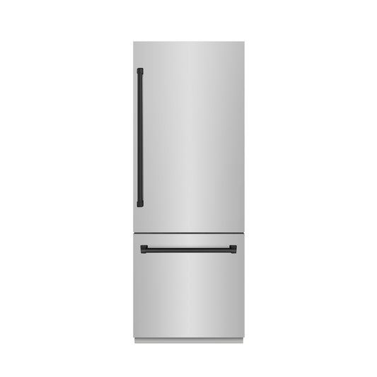 ZLINE Autograph Edition 30 in. 16.1 cu. ft. Built-In Bottom Freezer Refrigerator with Water Dispenser and Ice Maker in Stainless Steel with Graphite Gray Interior and Matte Black Accents (GRBIVZ-304-30MB) front, closed.