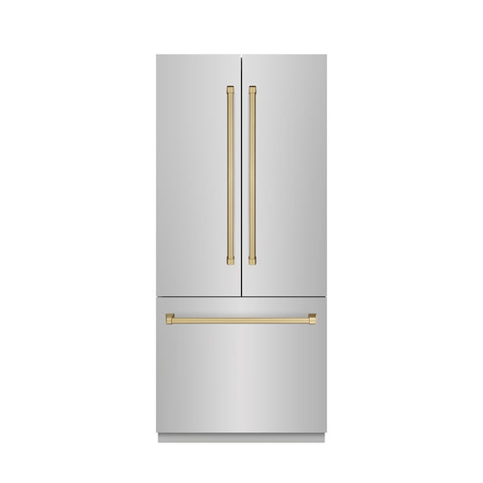 ZLINE Autograph Edition 36 in. 19.6 cu. ft. French Door Built-In Bottom Freezer Refrigerator with Water Dispenser and Ice Maker in Stainless Steel with Graphite Gray Interior and Champagne Bronze Accents (GRBIVZ-304-36CB) front, closed.