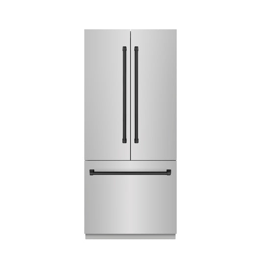 ZLINE Autograph Edition 36 in. 19.6 cu. ft. French Door Built-In Bottom Freezer Refrigerator with Water Dispenser and Ice Maker in Stainless Steel with Graphite Gray Interior and Matte Black Accents (GRBIVZ-304-36MB) front, closed.