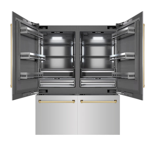 ZLINE Autograph Edition 60 in. 32.2 cu. ft. French Door Built-In Bottom Freezer Refrigerator with Water Dispenser and Ice Maker in Stainless Steel with Graphite Gray Interior and Polished Gold Accents (GRBIVZ-304-60G) front, open.