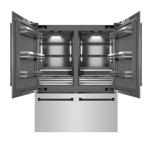 ZLINE Autograph Edition 60 in. 32.2 cu. ft. French Door Built-In Bottom Freezer Refrigerator with Water Dispenser and Ice Maker in Stainless Steel with Graphite Gray Interior and Matte Black Accents (GRBIVZ-304-60MB) front, open.